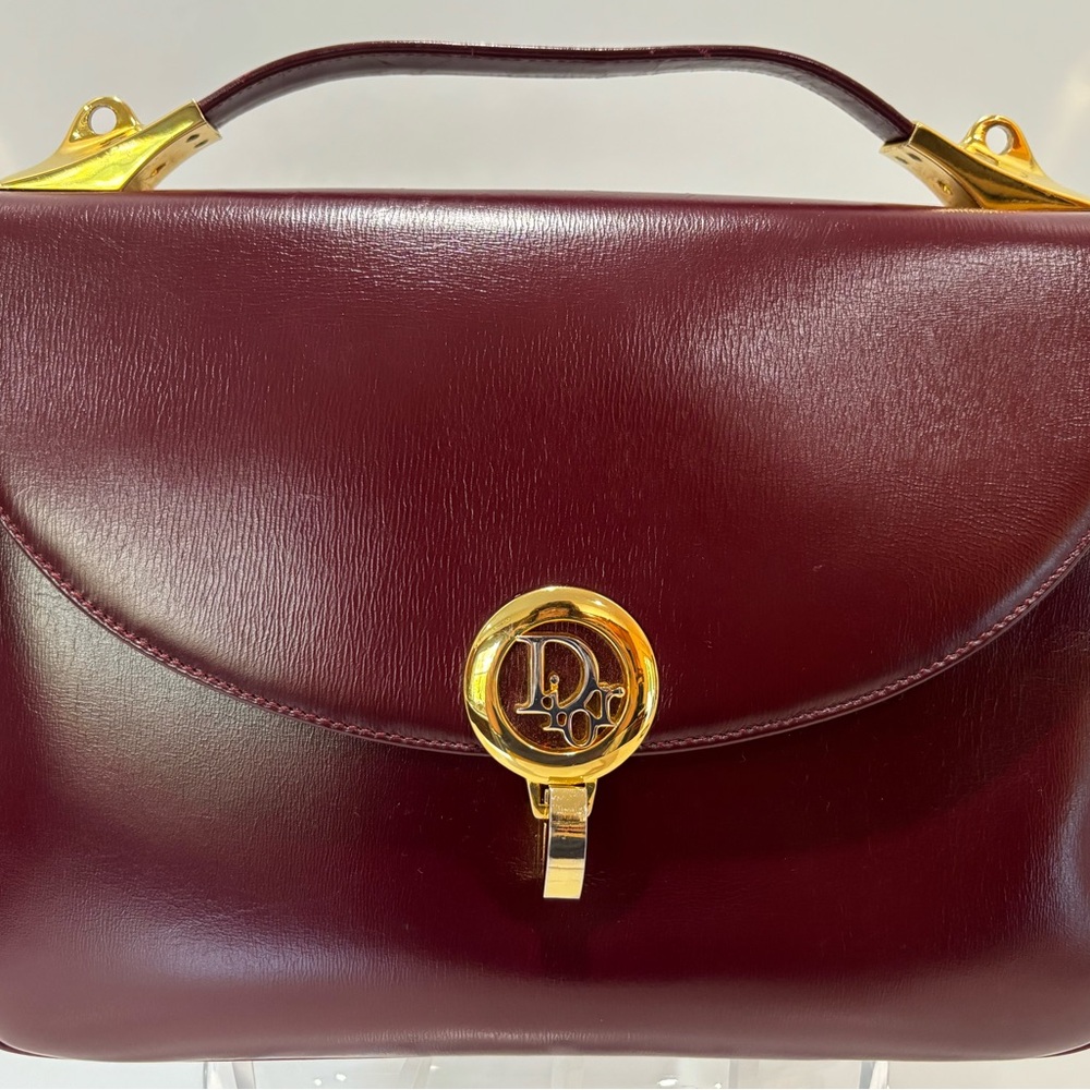 Vintage Dior Bordeaux Leather Purse with Two-Tone Logo Closure & Removable Strap